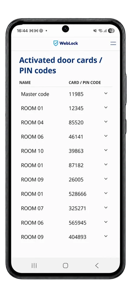 WebLock App mit aktivierten Türkarten und PIN-Codes